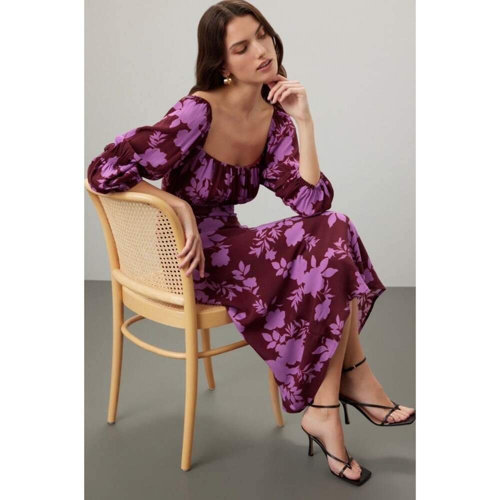 Peter Som Collective Floral Midi Dress Size 14 Burgundy Purple Square Neck